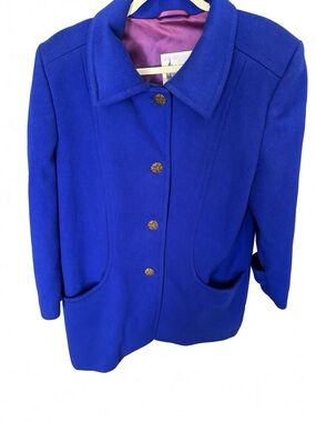 Vintage London Fog Bold Cobalt Wool Blue Pea Coat with Gold-Tone Buttons
